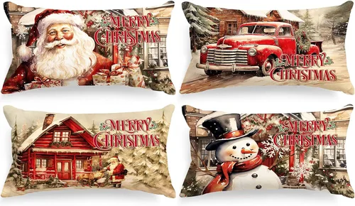 Miniatura 7 de Lanpn Juego de 4 fundas de almohada de Navidad de 16 x 16 pulgadas, cojín de decoración de Navidad, almohadas rojas de Navidad, funda de almohada