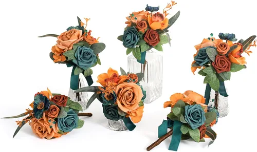 Miniatura 7 de Ling's moment Juego de 6 mini ramos de flores de boda color burdeos y negras para dama de honor, prefabricados, pequeños, florales, granate