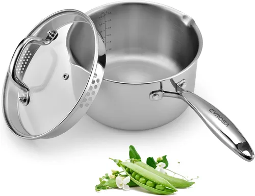 Miniatura 10 de Sartén de acero inoxidable de tres capas con cesta de vapor y tapa de vidrio colador, olla multifunción 2 en 1 para cocinar al vapor, hervir