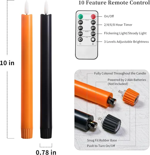 Miniatura 5 de Stmarry Velas cónicas sin llama naranja y negro con control remoto, velas LED de 10 pulgadas parpadeantes, llama 3D realista con mecha, luz blanca
