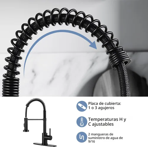 Miniatura 6 de DJS - Grifo de cocina con rociador extraíble, acabado negro mate, ajuste de modo dual, una manija, para 1 o 3 orificios, grifo comercial
