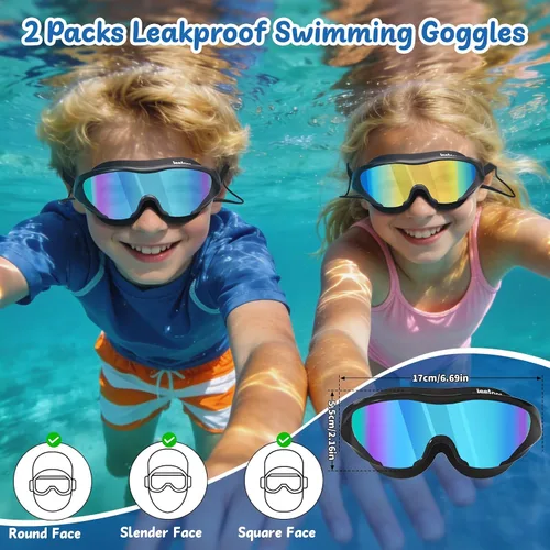 Miniatura 6 de Gafas de natación anti niebla UV para niños de 6 a 14 años, paquete de 2 gafas de natación para niños con tapones para los oídos adjuntos Dorado-azul
