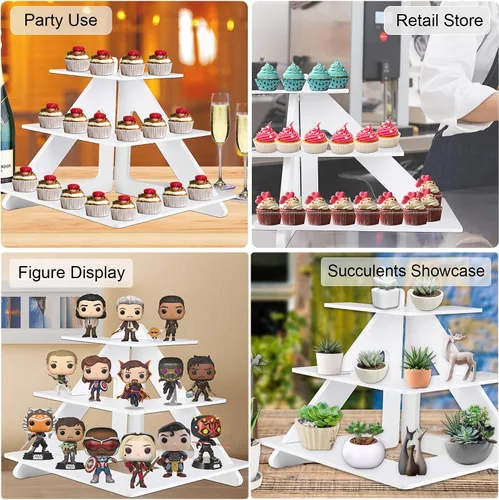 Miniatura 4 de Soporte para 24 cupcakes – Soporte rústico para cupcakes de 3 niveles plegable de madera – Soporte blanco para cupcakes – Torre de cupcakes