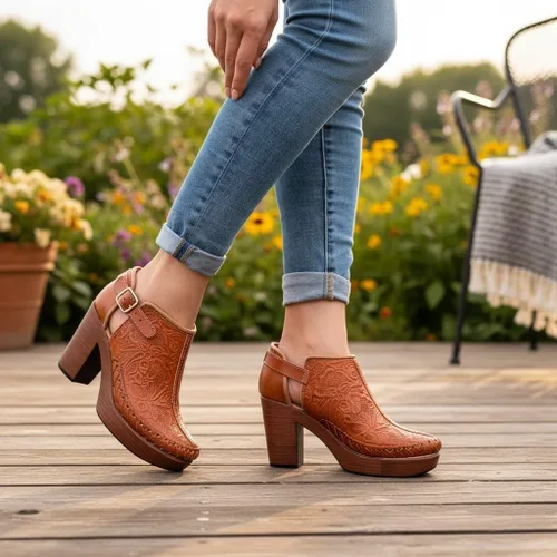 Miniatura 7 de Botines de piel auténtica grabados mexicanos con correa para mujer - Modelo 490