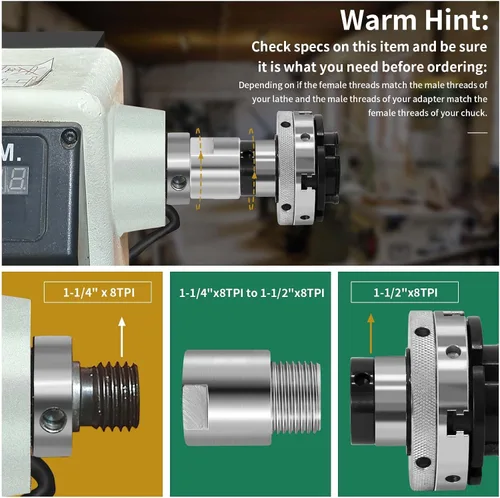 Miniatura 5 de Adaptador de Eje de Cabeza de Torno, Convierte de 1-1/4" x 8TPI a 1-1/2" x 8TPI para Torno de Carpintería