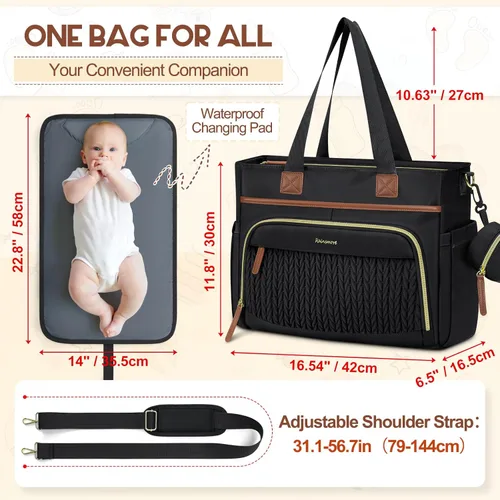 Miniatura 3 de RAINSMORE Bolsa de pañales, bolsa grande para pañales impermeable, bolsa de pañales multifunción con estuche para chupete y cambiador Negro