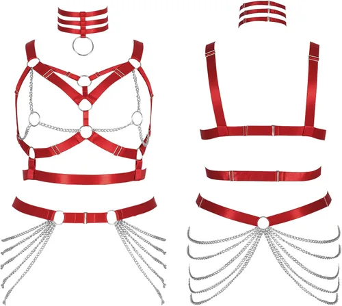 Miniatura 2 de Arnés de cuerpo de talla grande para mujer gorda y niña, cadena de metal, hueco completo, sujetador de jaula, medias de pierna, liguero, ropa gótica