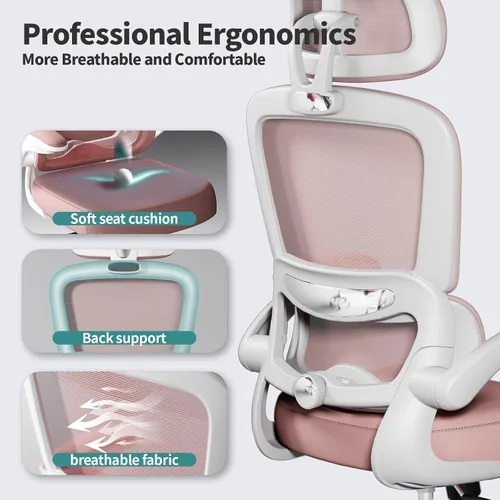 Miniatura 3 de TRALT Silla de oficina ergonómica, silla de escritorio de malla para el hogar de 330 libras, sillas de escritorio de oficina con ruedas, cómodas Rosa