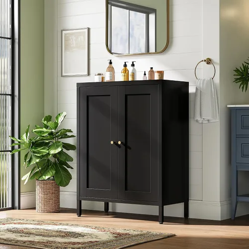 Miniatura 2 de Bevivog Armario de almacenamiento pequeño para baño, armario de metal negro con 2 puertas y 2 estantes ajustables, armarios de piso de metal