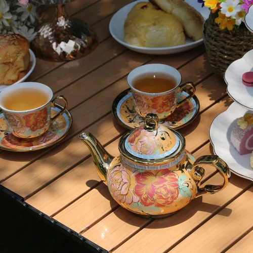 Miniatura 4 de Juego de té de porcelana de 20 piezas con soporte de metal, juego de té de cerámica europeo para adultos, juego de té de flores, juego de té