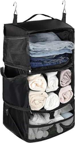 Miniatura 13 de ELEZAY Cubos de embalaje colgantes portátiles para armario, organizador de ropa de compresión plegable de 3 estantes para equipaje de mano, maleta