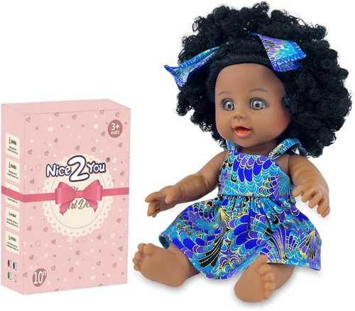 Nice2you Muñeca bebé negra para niña, muñeca afroamericana negra de 10 pulgadas con vestido, muñeca bebé recién nacida realista para niños de 1 2 3