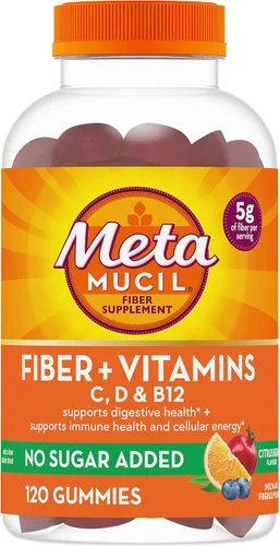 Metamucil Gomitas de Fibra para Adultos con Vitaminas C, D, B12 para el Metabolismo, Sin Azúcar Añadida Sabor Cítrico y Baya, 5g de Mezcla de