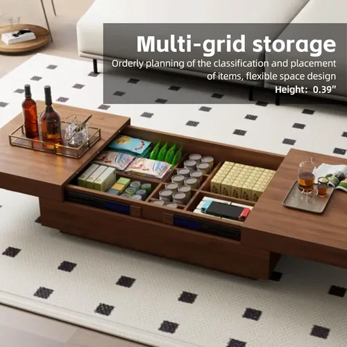 Miniatura 6 de Mesa de centro expandible de mediados de siglo con almacenamiento – Mesa central ajustable de 47.2"-81.9" para la sala de estar, acabado en madera