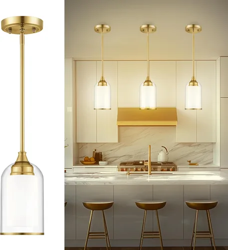 LIROUVET Luces Colgantes Doradas para Isla de Cocina - Lámpara Colgante de Cristal Doble, Luz Colgante de 1 Luz con Cristal Transparente y Lechoso,