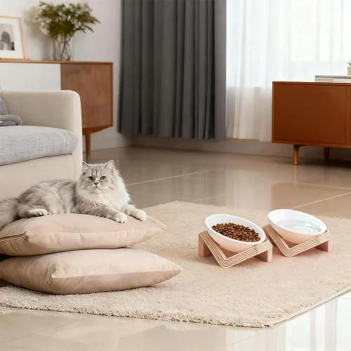 Miniatura 7 de 2 cuencos elevados para gatos, platos de cerámica de acero inoxidable de 5.1 pulgadas, para alimentación de mascotas, cuenco de agua inclinado