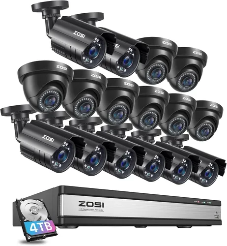 ZOSI Sistema de cámara de seguridad de 16 canales para interiores y exteriores, 16 cámaras CCTV de vigilancia de 1080p, visión nocturna, alertas de