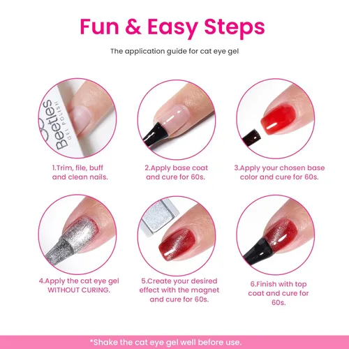 Miniatura 8 de Beetles - Juego de esmalte de uñas de gel de 6 colores, ojo de gato plateado, gel transparente rojo, rosa, amarillo, verde, negro, con efecto