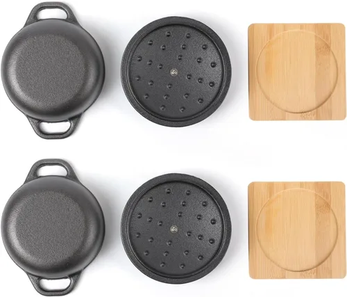 Miniatura 5 de HAWOK Mini horno holandés de hierro fundido, diámetro 5.51 pulgadas, 23 onzas, con bandeja de bambú, juego de 2, pre-sazonado