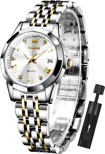 Miniatura 18 de OLEVS - Reloj de mujer de moda, reloj de vestir con diamantes, para mujer, analógico, de cuarzo, acero inoxidable, impermeable, luminoso, con fecha