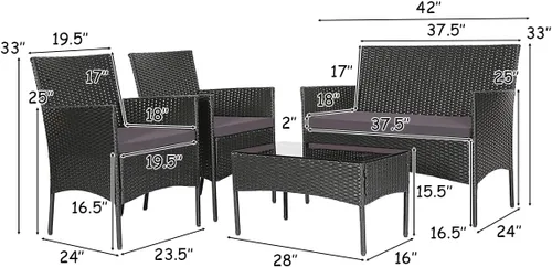 Miniatura 4 de Tangkula Juego de muebles de patio de 4 piezas, juego de conversación de mimbre para exteriores con mesa de vidrio templado, juego de sofá y sillas