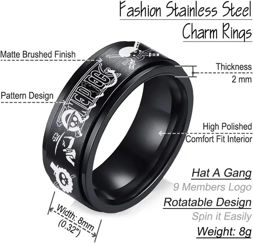 Miniatura 5 de Anillo de anime de una pieza de acero inoxidable negro para hombres, anillo de anime Luffy para niños, joyería de anime de 0.315in, Acero