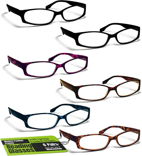BOOST EYEWEAR - Paquete de 6 lentes de lectura, marcos modernos de moda para mujeres y hombres (negro sólido y azul, rojo, morado, patrones de