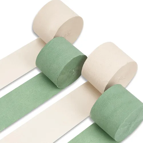 PartyWoo Serpentinas de papel crepé verde salvia, 4 unidades, 328 pies, paquete de serpentinas de papel crepé verde oliva eucalipto arena blanco