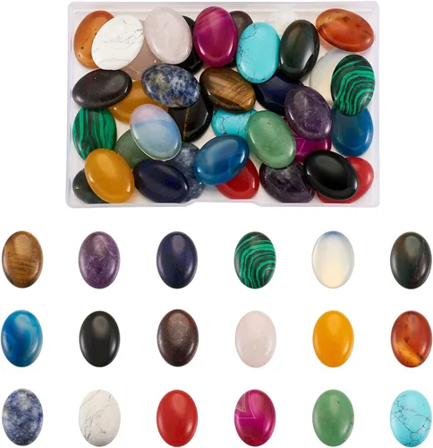 Miniatura 18 de Fashewelry 50 cabujones de piedra preciosa natural ovalada de aventurina verde con parte trasera plana, 0.551 x 0.394 in, cuentas de cristal