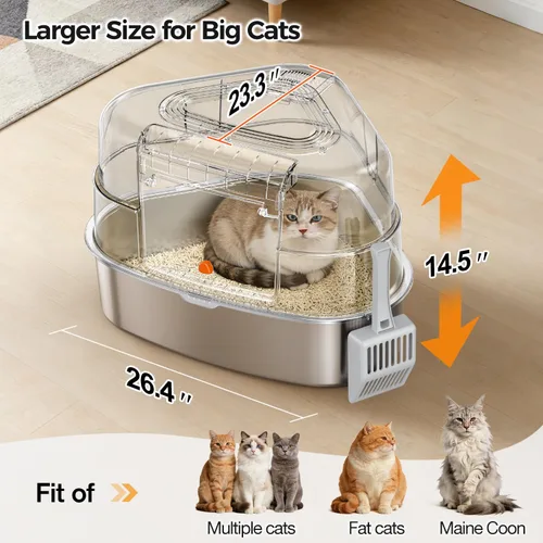 Miniatura 5 de Chumajor Caja de arena XXL de acero inoxidable para gatos con tapa, resistente, sin olor y ahorro de espacio, diseño oculto para gatos grandes