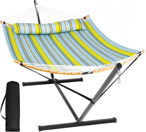 Miniatura 14 de SUNCREAT Hamaca doble con soporte incluido, hamaca portátil con soporte y almohada grande, rayas azules