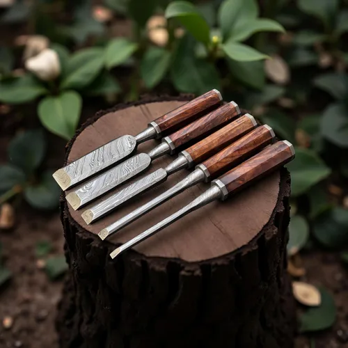 Miniatura 2 de Juego de cinceles de madera de 5 piezas – Cuchillas de borde biselado de acero de Damasco forjadas a mano con cubiertas de cuero y asas