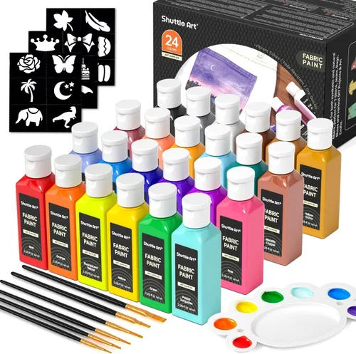 Miniatura 9 de Pintura para tela, Shuttle Art 30 colores permanentes de pintura suave para tela en botellas (60 ml/2 oz) con pinceles, paleta, plantillas, pintura