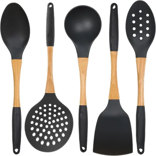 Beille 5 utensilios de cocina de madera de nailon gris oscuro con cucharas de cocina, cucharón de sopa, cuchara espumadera y espátula, 13 pulgadas