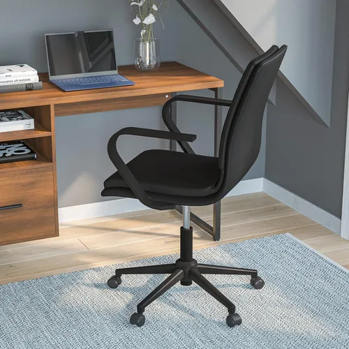 Miniatura 5 de Flash Furniture James Silla de oficina ejecutiva de diseño con respaldo medio, tapicería LeatherSoft negra, base y brazos negros, asiento giratorio