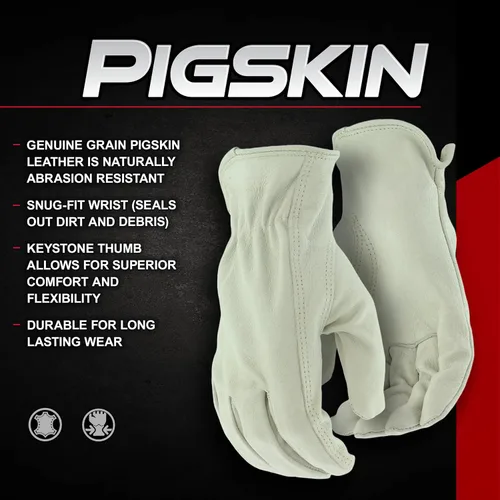 Miniatura 6 de BOSS Men's Grain Pigskin Leather Driver Work Gloves, Tear Resistant, Keystone Thumb, Shirred Elastic Wrist, White