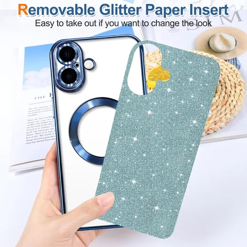 Miniatura 2 de Hython para iPhone 16 Funda con chispas brillantes, fundas transparentes magnéticas con protector de lente de cámara [Compatible con MagSafe]