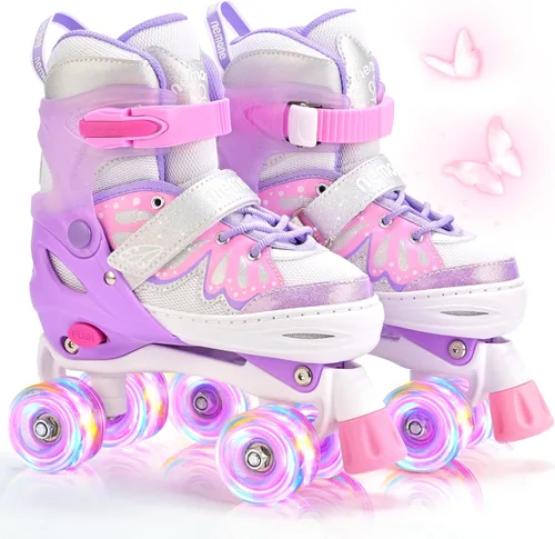 Miniatura 17 de NEMONE - Patines de sirena con ruedas iluminadas y 4 tamaños ajustables para niñas, azul y morado, para niños pequeños, para principiantes, de C