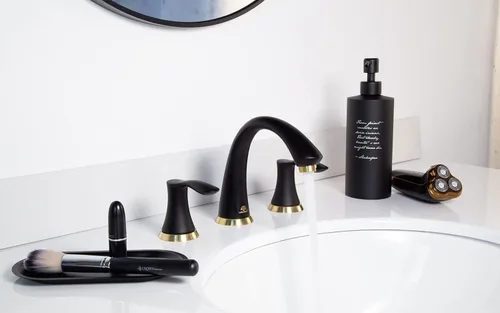 Miniatura 3 de Grifo de Baño Negro y Dorado de 3 Orificios, Lava Odoro Grifo de Baño Extendido de 8 Pulgadas con 2 Manijas, Grifo de Lavabo de Baño, Grifo de Oro