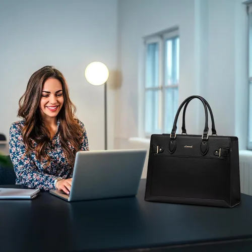 Miniatura 3 de LOVEVOOK Bolsa para laptop para mujeres, Bolsa tote grande de cuero PU de 15.6 pulgadas, Bolsa de trabajo profesional para maestras, Maletín