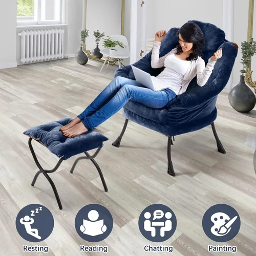 Miniatura 7 de Silla perezosa con otomana plegable, sofá de ocio, sillón de tela suave con reposabrazos y bolsillos laterales, silla de lectura con reposapiés