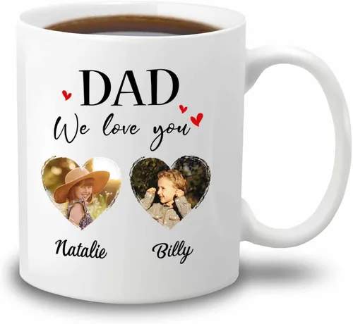 Marco de fotos personalizado para niños, taza de café de regalo para papá y papá, taza de café blanca con texto en inglés "Dad We Love You", taza de
