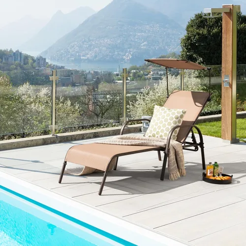 Miniatura 2 de Byroce - Sillón de patio con toldo, tumbona para exteriores con respaldo ajustable de 5 niveles, brazos y portavasos, silla reclinable de metal