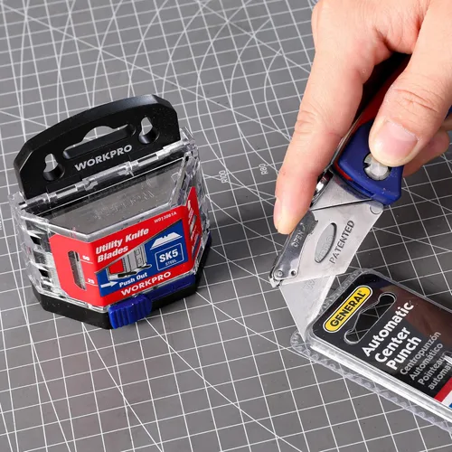 Miniatura 9 de WORKPRO - Juego de 50 cuchillas para cuchillo utilitario con dispensador, cortador de caja de acero SK5, cuchillas estándar para reemplazo