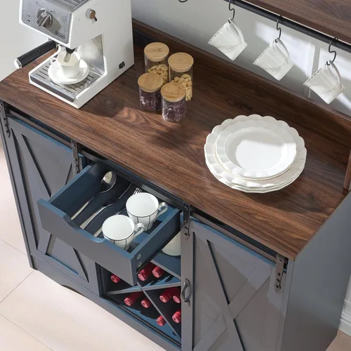 Miniatura 3 de Wnutrees Armario de barra de café de granja con estación de carga y puertos USB, puerta corrediza de granero, aparador de cocina de 39 pulgadas, Azul