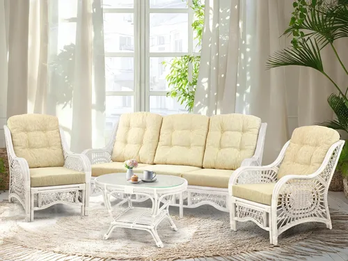 Miniatura 25 de Malibu Lounge Juego de 4: 2 sillas de mimbre de ratán natural, sofá de tres plazas con cojines marrón claro y mesa de centro con vidrio hecho a