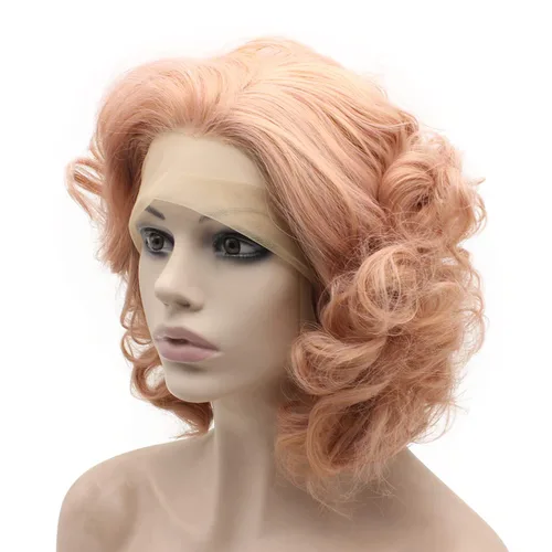 Miniatura 2 de MX angel Pelo sintético rizado corto de la fibra de la peluca rosa del frente del cordón del pelo sintético