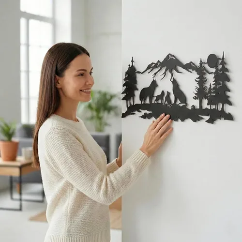 Miniatura 3 de DEKADRON Arte de pared de metal, arte familiar de lobos metálicos, arte de pared de naturaleza, lobo, montaña y árbol, decoración de pared de metal
