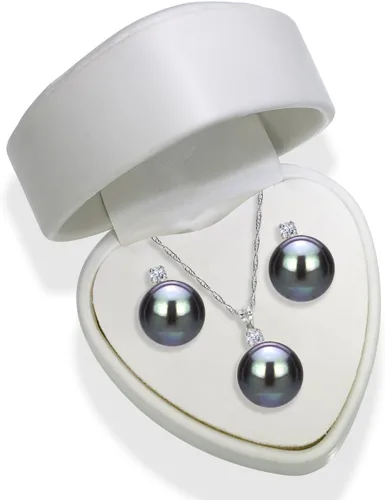 Miniatura 2 de Tienda Collection Juego de aretes de plata de ley con circonita cúbica de 0.276-0.315 in de perlas cultivadas de agua dulce y collar con colgante