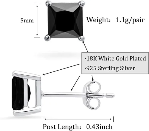 Miniatura 6 de Aretes unisex de plata de ley 925 con corte princesa, chapados en platino, joyería fina para hombres y mujeres